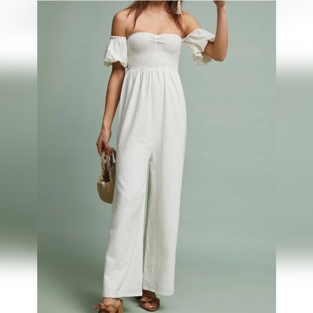 NWT HUMMINGBIRD WHITE SMOCKED OFF THE SHOULDER JUMPSUIT MEDIUM - Picture 5 of 16